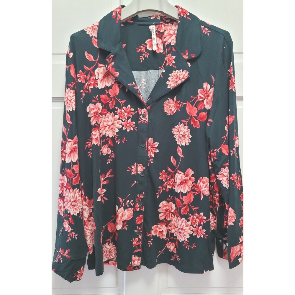 Soma Women's Cool Nights Long Sleeve Notch Collar PJ Top - Black Floral - XL
